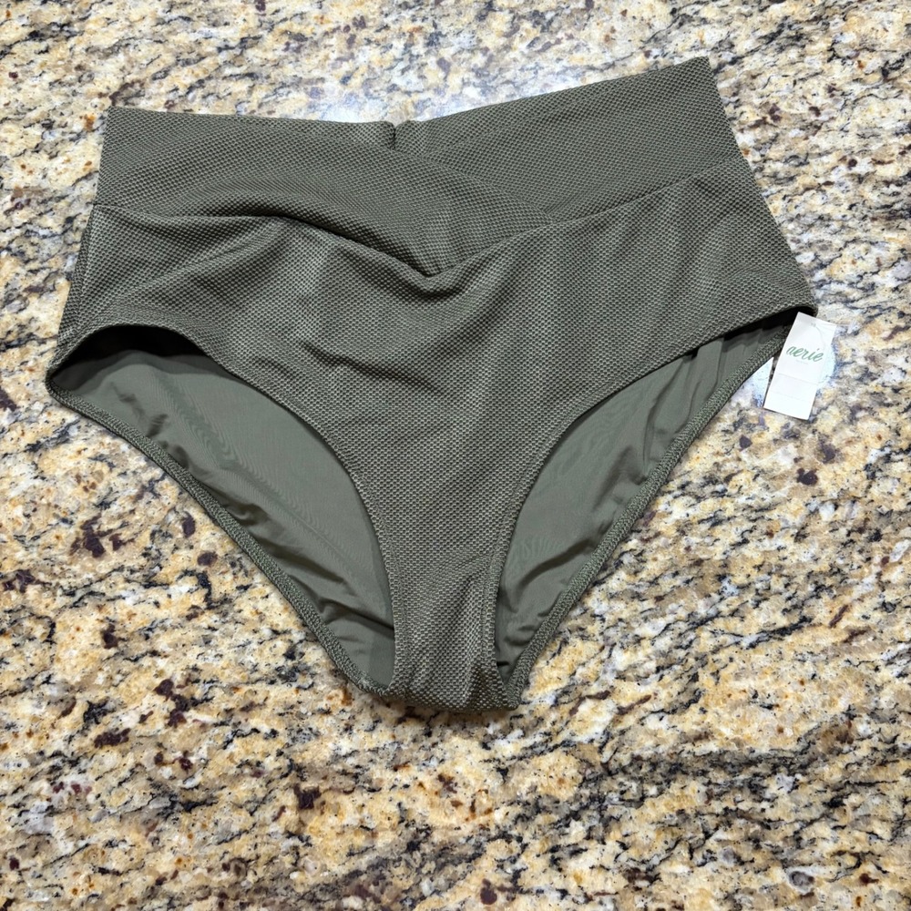 Aerie Real Good High Waisted Crossover Bikini Bottom Olive Green Textured XL ws